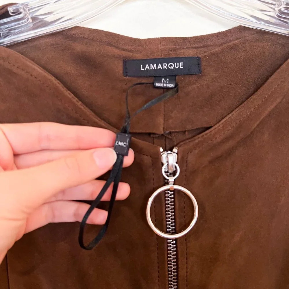 Lamarque 100% Leather Brown Suede Zip Front Structured Bohemian Mini Dress M - Picture 6 of 8